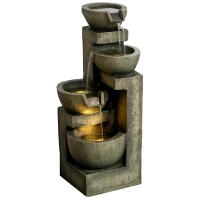 Outsunny Outdoor Fountain Cascading Waterfall with 4-Tier Stone Look Bowls, Adjustable Flow & LED Lights for Patio Garden(m-11)