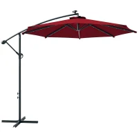 Outsunny 10ft Outdoor Cantilever Umbrella Banana Umbrella with Solar Lights and Adjustable Angle for Patio Backyard Wine Red(m-11)