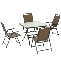 Outsunny 5 Pieces Folding Rattan Patio Table and Chairs for 4 with Umbrella Hole, Tempered Glass Top, Dark Brown(m-11)