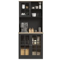 HOMCOM Kitchen Pantry Storage Cabinet, 72" Freestanding Cabinet with Hutch, Large Countertop, Glass Doors and Adjustable Shelves for Dining Room, Black(m-11)