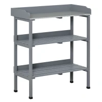 Outsunny Outdoor Garden Wooden Potting Bench Work Station Table Tool Storage Shelf w/ Hooks, Grey(m-11)