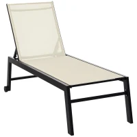 Outsunny Outdoor Lounge Chair, Patio Lounger with 5-Position Reclining Backrest and 2 Wheels for Poolside, Beach, Lawn, Cream White(m-2)