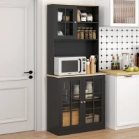 HOMCOM Kitchen Pantry Storage Cabinet, 72" Freestanding Cabinet with Hutch, Large Countertop, Glass Doors and Adjustable Shelves for Dining Room, Black(m-10)