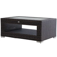 Outsunny 2-Tier Rattan Patio Coffee Table Outdoor Side Table PE Wicker Patio Garden Tea End Desk with Tempered Glass Top & Storage for Balcony, Backyard, Poolside(m-2)