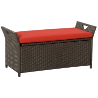 Outsunny 29 Gallon Patio Wicker Storage Bench, Outdoor PE Rattan Patio Furniture, 2-In-1 Large Capacity Rectangle Garden Storage Box with Handles and Cushion, Red