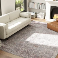 HOMCOM Machine Washable Area Rug 8x10, Non-Slip Traditional Flower Print Floor Carpet for Living Room, Bedroom, Grey and Brown(m-3)