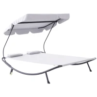 Outsunny Patio Double Chaise, Outdoor Lounge Bed with Canopy and Headrest Pillow, Portable Patio Sunbed Hammock Lounger, Cream White(m-2)