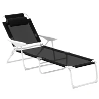 Outsunny Folding Chaise Lounge, Outdoor Sun Tanning Chair, 4-Position Reclining Back, Armrests, Removable Pillow, Black(m-11)
