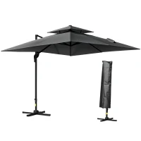 Outsunny 10' x 10' Cantilever Patio Umbrella, Double Top Square Offset Umbrella with 360° Rotation, 5 Adjustable Tilt Angles, Umbrella Cover, Aluminum Pole and Ribs, Charcoal Grey(m-2)