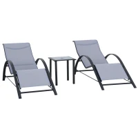 Outsunny 3 Pieces Outdoor Lounge Chair Set, 2 S-Shaped Lawn Chairs and a Glass Table for Patio, Yard, Light Grey(m-11)