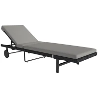 Outsunny PE Rattan Tanning Chair, Outdoor Patio Lounger with 5-Level Adjustable Back, Wheels and Cushion, Grey(m-11)