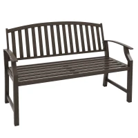 Outsunny 46" Outdoor Garden Bench, Metal Bench, Wood Look Slatted Frame Furniture for Patio, Park, Porch, Lawn, Yard, Deck, Brown(m-11)