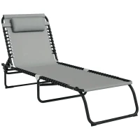 Outsunny Folding Lounge Chair, Adjustable Chaise Lounge with Headrest, Reclining Lounger Cot for Camping, Hiking, Light Grey(m-11)