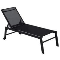 Outsunny Outdoor Chaise Lounge with Wheels, Five Position Recliner for Sunbathing, Suntanning, Steel Frame, Breathable Fabric for Beach, Yard, Patio, Black(m-1)
