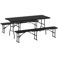 Outsunny 6FT 3PCS Faux Rattan Outdoor Camping Table Bench Set with Carrying Handles, Folding Picnic Table with 2 Benches, Black(m-11)