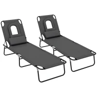 Outsunny 2PCS Adjustable Outdoor Lounge Chair, Garden Folding Chaise Lounge with Face Hole Reclining Tanning Chair Seat, Folding Camping Beach Lounging Bed w/ Head Support Grey(m-11)