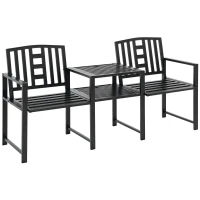 Outsunny Steel Garden Bench w/ Middle Table, Umbrella Hole, Double Seat for Outdoor, Patio, Backyard  Weather-Resistant Frame, Black(m-2)