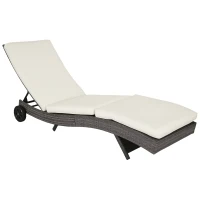 Outsunny Outdoor Adjustable Wicker Chaise Lounge Chair with Cushion & Wheels for Patio, Deck, Poolside, Cream White(m-11)