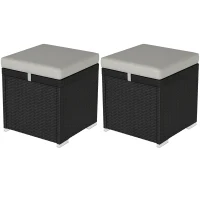 Outsunny 2 Pieces Wicker Outdoor Ottoman with Storage, Removable Cushion, Square Outdoor Footstool, Seating, Side Table, Grey(m-11)