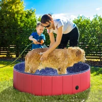 PawHut Foldable Pet Swimming Pool, Portable Dog Bathing Tub, 12" x 47" Plastic Large Dog Pool for Outdoor Dogs and Cats, Red(m-2)