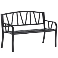 Outsunny 50" Outdoor Bench, Metal Garden Bench with V-Shaped Pattern Backrest, Porch Bench with Slatted Seat for Park, Yard, Lawn, Black(m-1)