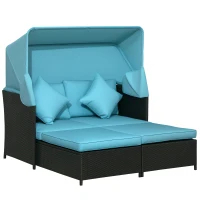 Outsunny Patio Daybed, Outdoor Wicker Double Daybed, PE Rattan Sun Lounger for 2-Person with Cushions, and Foldable Awning, for Garden, Balcony, Poolside, Green(m-2)