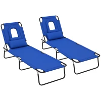Outsunny 2PCS Adjustable Outdoor Lounge Chair, Garden Folding Chaise Lounge with Face Hole Reclining Tanning Chair Seat, Folding Camping Beach Lounging Bed w/ Head Support Blue(m-11)