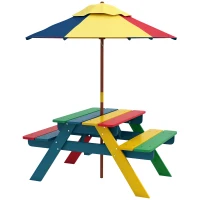 Outsunny Wooden Kids Picnic Table Set with Parasol, Seating for 2 Children 3-6 Years Old, for Patio Backyard, Indoor Outdoor Use(m-11)