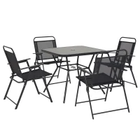 Outsunny 5-Piece Outdoor Dining Set with 4 Foldable Armchairs, Patio Furniture Sets with Umbrella Hole & Wood-plastic Composite Top Dining Table, Mesh Seat, Black(m-11)