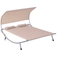 Outsunny 79" Outdoor Lounge Chair with Canopy, Double Chaise Lounger Hammock Bed w/ Pillow and Wheels, Sand(m-11)