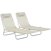 Outsunny Set of 2 Folding Chaise Lounge Chairs, Outdoor Poolside Sun Tanning Chairs w/ Pillow, Reclining Backrest, Cream White(m-11)