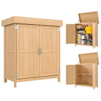 Outsunny Wooden Garden Tool Storage Shed Kit with Hinged Roof, 2-Tier Shelves and Double Doors, 74x43x88cm, Natural Wood(m-11)