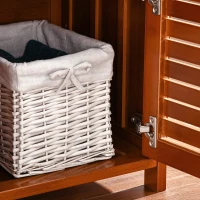 HOMCOM Shoe Bench with Storage Cabinets, Bamboo Entryway Bench with Seating Cushion, 3 Doors and Hidden Compartment for Hallway, Dark Cherry(m-9)