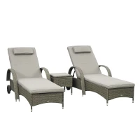 Outsunny Patio Rattan Lounge Set, Wheeled Wicker Chaise Lounge Chair and Table with Tempered Glass Top, Mixed Grey(m-11)