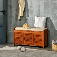 HOMCOM Shoe Bench with Storage Cabinets, Bamboo Entryway Bench with Seating Cushion, 3 Doors and Hidden Compartment for Hallway, Dark Cherry(m-10)