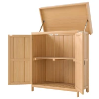 Outsunny Wooden Garden Tool Storage Shed Kit with Hinged Roof, 2-Tier Shelves and Double Doors, 74x43x88cm, Natural Wood(m-2)