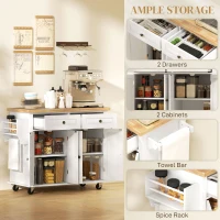 HOMCOM Kitchen Island Cart with Rubber Wood Top, Rolling Kitchen Island Table on Wheels with Drawers, Adjustable Shelves, Spice Rack and Towel Rack for Dining Room, White(m-6)