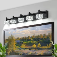 Modern 5-Light LED Vanity Light Fixture with Crystal Glass Shades, Matte Black Bathroom Wall Sconce, 36" L x 8" W x 5" H, Black(m-7)