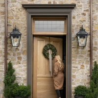 10" Outdoor Wall Lanterns with Clear Glass Panels, Weatherproof Vintage Exterior Light Fixtures, Ideal for Porch, 10" L x 8" W x 16.5" H, Black(m-1)