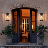 Outdoor Wall Lantern with Crackled Glass, Weather-Resistant Exterior Light Fixture for Porch, Patio, Entryway, 6.5" L x 8.5" W x 14" H, Black(m-1)