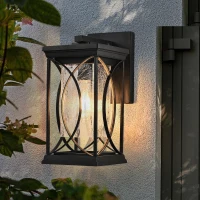 Outdoor Wall Lantern with Crackled Glass, Weather-Resistant Exterior Light Fixture for Porch, Patio, Entryway, 6.5" L x 8.5" W x 14" H, Black(m-8)