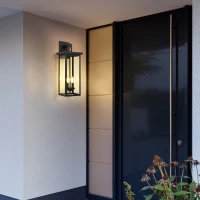 Outdoor Wall Lantern with Dusk to Dawn Sensor, Weatherproof Dual-Light Design, Clear Glass Panels, 8" L x 9.5" W x 22" H, Black(m-11)
