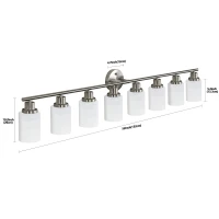 52" 8-Light Vanity Wall Sconce with Frosted Glass Shades, Brushed Nickel Finish, Ideal for Bathroom, Hallway, 52" L x 6.5" W x 10" H, Silver(m-3)