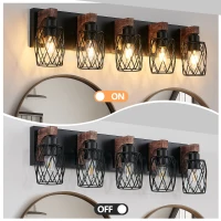31" Industrial Vintage 5-Light Wall Sconce with Wooden Accents, Cage Fixture for Hallway, Living Room, 31" L x 6" W x 8.5" H, Walnut+Black(m-4)