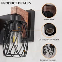Industrial 7-Light Wall Sconce with Metal Wire Cage Shades, Wooden Accents, Ideal for Bathroom, Hallway, 44" L x 6" W x 8.5" H, Walnut+Black(m-5)