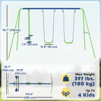 Outsunny 3 in 1 Metal Swing Set with Double Swings, Glider for Backyard, Outdoor, Playgroundt, Green(m-3)