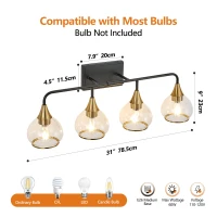 31" Modern 4-Light Vanity Wall Sconce with Clear Glass Shades, Industrial Wall Mounted Lamp for Living Spaces, 31" L x 8" W x 11" H, Black+Gold(m-3)