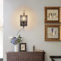 Set of 2 Rustic Farmhouse Wall Sconces with Glass Shade, Easy Installation, Vintage Industrial Plug-in Wall Lights, 5" L x 5" W x 12" H, Black+Gold(m-9)