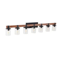 50" 7-Light Vanity Light with Glass Shades, Wood Accent, Modern Farmhouse Wall Sconce for Bathroom, 50" L x 8.5" W x 6" H, Walnut+Black(m-2)