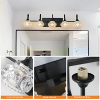 Retro 5-Light Vanity Light Fixture with Crystal Glass Shades, Metal Bracket, Perfect for Bathroom, Dressing Room, 29" L x 7" W x 6.5" H, Black(m-5)